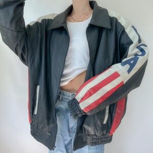 Vintage 80s/90s Black Collared Leather USA Aviator Bomber Jacket ✨